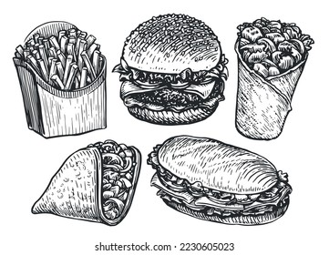 Fast Food set sketch. Burger, french fries, burrito, sandwich, tacos. Street food, takeaway concept vector illustration