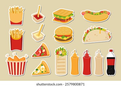 Fast Food Set Stickers – Tasty Meal in Vector Illustration