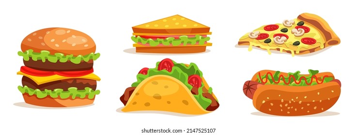 Fast food set for street cafe or restaurant menu vector illustration. Cartoon tasty takeaway fastfood snack collection with double cheeseburger, hot dog and pizza, sandwich, tacos isolated on white