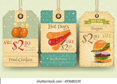 Fast Food - Set of Tags with Burgers, Hot Dog, Chicken in Retro Style. Winter Sale. Vector Illustration.