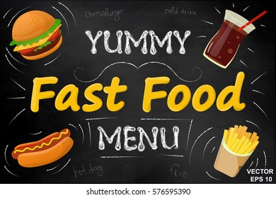 Fast food. Set. Tasty food. On the chalkboard