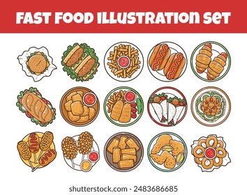 Fast food set with top view vector illustration