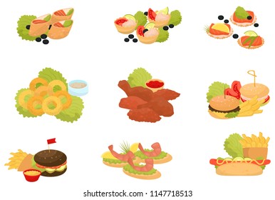 Fast food set, traditional fast food meals, canapes for banquet vector Illustrations on a white background