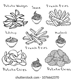Fast Food Set. Varieties of Potatoe Slices. Potato Wedges, French Fries, Corrugated Potato Chips, Wave Chip, Ketchup, Mustard, Mayo in a Bowl. Realistic Hand Drawn Illustration. Savoyar Doodle Style