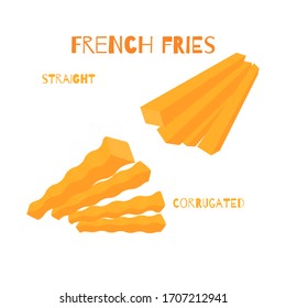 Fast Food Set. Varieties of Potatoe Slices. Potato French Fries, Corrugated and straight Potato, Wave. Flat style Hand Drawn Illustration.