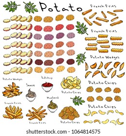 Fast Food Set. Varieties of Potatoes of Different Colors. Potato Slices and Nightshade Leaves. Potato Wedges, French Fries, Corrugated Potato Chips, Wave Chip, Ketchup, Mustard, Mayo in a Bowl.