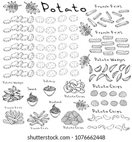 Fast Food Set. Varieties of Potatoes of Different Colors. Potato Slices and Nightshade Leaves. Potato Wedges, French Fries, Corrugated Potato Chips, Wave Chip, Ketchup, Mustard, Mayo in a Bowl.