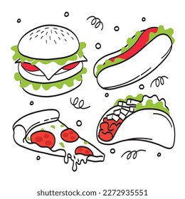 Der Fast Food Set Vektor. Burger, Pizza, Taco, Hot Dog Design