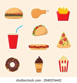 Fast Food Set. Vector collection of fast food icons in cartoon style. 