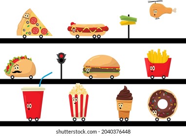 Fast Food Set. Vector collection of fast food icons with wheels in cartoon style. 