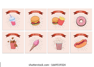 Fast food set. Vector color illustration in cartoon style. Set of fast food illustrations in vintage style.