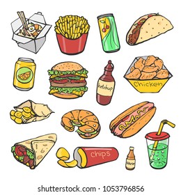 Fast food, set of vector colored sketches on a white background. 