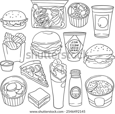 Fast food, set of vector hand-drawn on a white background. Balck line vector