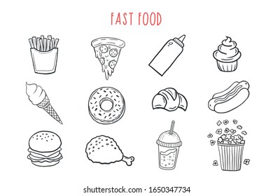 Fast food. Set of vector fast food icons. Set of linear illustrations of fast food.