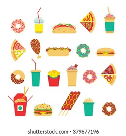 Fast food set. Vector fast food icons. Isolated fast  food. Flat fast food icons set. Colorful flat fast food icons.