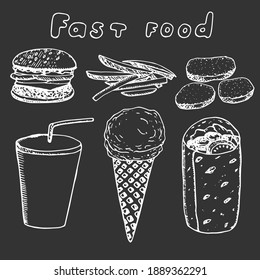 Fast Food Set, Vector Illustration, Hamburger, French Fries, Chicken Nuggets, Drink, Ice Cream And Roll, Sketch, White On Black