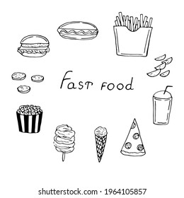 Equipo de comida rápida, ilustración vectorial, doodle dibujado a mano
