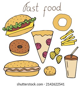 Fast food set vector illustration, hand drawing doodles colored