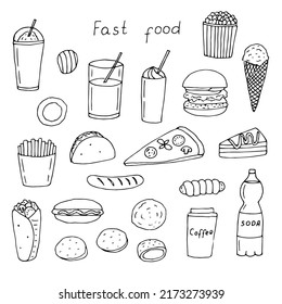 Fast food set vector illustration, hand drawing doodles