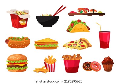 Ilustración vectorial del conjunto de comida rápida. Caricatura aislada colección de comida rápida para llevar con hamburguesa y pizza, bocadillos calientes y bebida coke con donut, deliciosos fideos y sushi, patatas fritas y taco