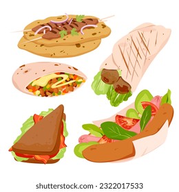 Fast food set vector illustration. Cartoon isolated meatballs with vegetables and meat filling wrapped in tortilla or pita, hot dog with sausage and triangle club sandwich with bacon, kebab on skewer