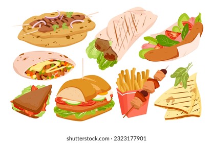 Fast food set vector illustration. Cartoon isolated fastfood restaurant menu collection with French fries in box, sandwiches filled with grilled meat and vegetables, kebab on skewer and hot dog