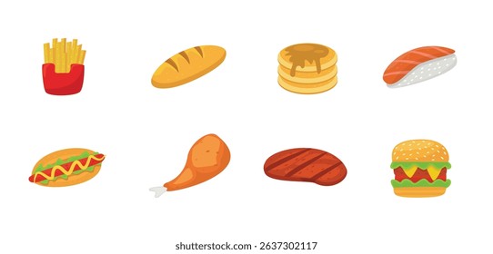 Fast food set vector illustration. Street food menu - burger, barbeque, bread, burger, drumstick chicken, french fries, hot dough, pancake, and sushi. fast food isolated on white