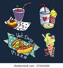 fast food set vector images of ice cream, hot dogs, pizza,