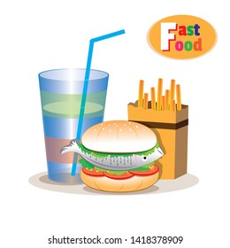 Fast food set vector isolated on white background. Fish Hamburger, tasty french fries potato and a glass of water in flat style. - Vector