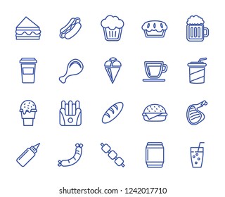 Fast food set vector lines icons. Includes such icons as chicken, coffee, snack, hamburger and more. 64x64 pixel.