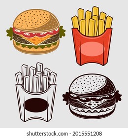 Fast food set of vector objects, french fries and burger in two styles colored and black and white