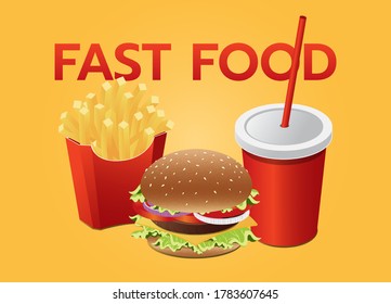 Fast food set vector on yellow background. cheese burger, french fries and soft drink cup. realistic style vector illustration