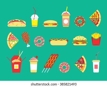 fast food set vector restaurant isolated flat icons snakes junk