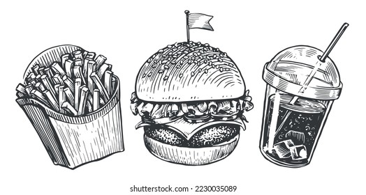 Fast Food set vintage. Burger, french fries and cola with ice in cup sketches. Vector illustration in retro style