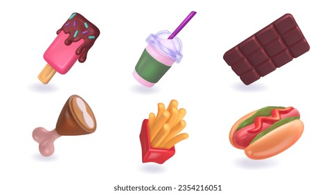 Fast food set. Volumetric ice cream and sweet chocolate, chicken thigh and french fries, soda in glass and hot dog in plastic realistic style. 3d vector collection isolated on white background