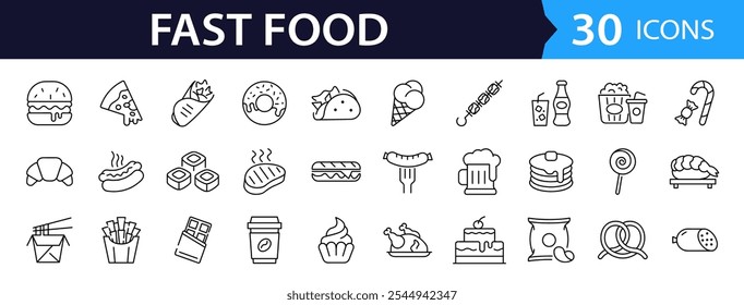 Fast food set of web icons in line style. Food and drink linear icon collection. Containing burger, pizza, hot dog, french fries, kabab, ice cream, coffee, donut, sandwich and more. Editable stroke