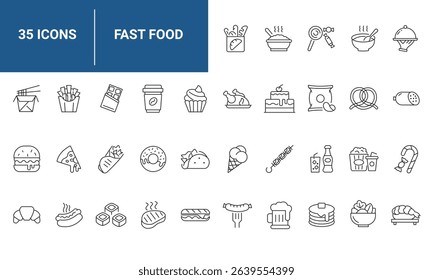 Fast food set of web icons in line style. Food and drink linear icon collection. Containing burger, pizza, hot dog, kabab, ice cream, coffee, donut, sandwich and more. Editable stroke