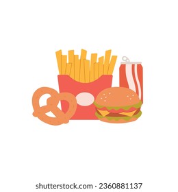 Fast food set.French fries, soda drink,hamburger,pretzel.Vector illustration cartoon flat style.
