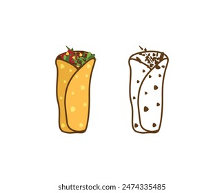 A Fast food Shawarma Sandwich Mexican Delicious Food Vector With line Art. Mexican Delicious Food Template. Shawarma Pepper Chili Tasty.