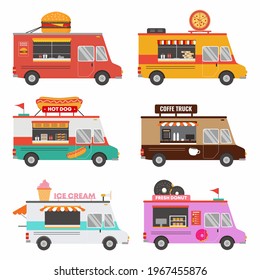 of fast food shop truck Set, collection: pizza, burger, coffee, donut, ice cream etc isolated on white background. Street food van vehicle. Delivery service. Vector flat cartoon illustration