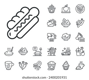 Fast food sign. Crepe, sweet popcorn and salad outline icons. Hotdog line icon. Sausage sandwich symbol. Hotdog line sign. Pasta spaghetti, fresh juice icon. Supply chain. Vector