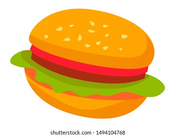 Fast food sign, isolated burger icon. Bun with sesame and lettuce salad leaves and tomato, meat and stuffing. Tasty filling meal snack. Vector illustration in flat cartoon style