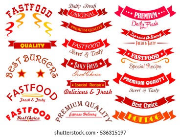 Fast Food Sign Set. Best Fast Food, Burger, Hot Dog, Express Delivery, Premium Quality Isolated Ribbon Banner And Header. Emblem, Logo, Label, Signboard Design