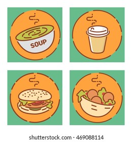 Fast food signs set, flat design. Soup, coffee, hamburger and falafel icons. Vector illustrations