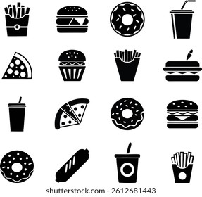 Fast Food Silhouette Vector Icons Set