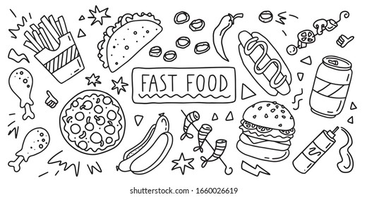 Fast  food. Simple doodle outline style. Vector stock black and white illustration.