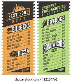 Fast food simple menu design template. Two colors vector menu design layout for fast food restaurant. Ad or flyer print concept for takeaway food delivery.