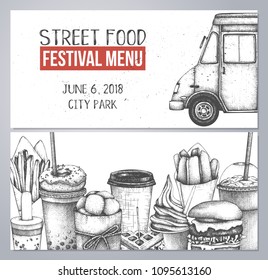 Fast food sketch collection for cafe or restaurant design. Engraved style booklet template. Street food festival menu. Vector iilustration.