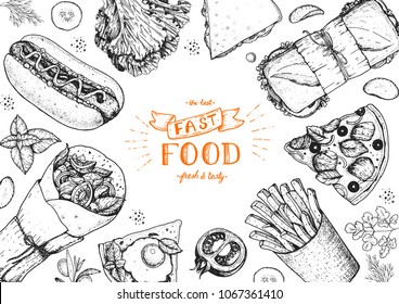 Fast food sketch collection. Vector illustration. Junk food set. Engraved style illustration. Fast food top view frame.