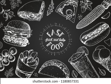 Fast food sketch collection. Vector illustration. Junk food set. Engraved style illustration. Fast food top view frame.